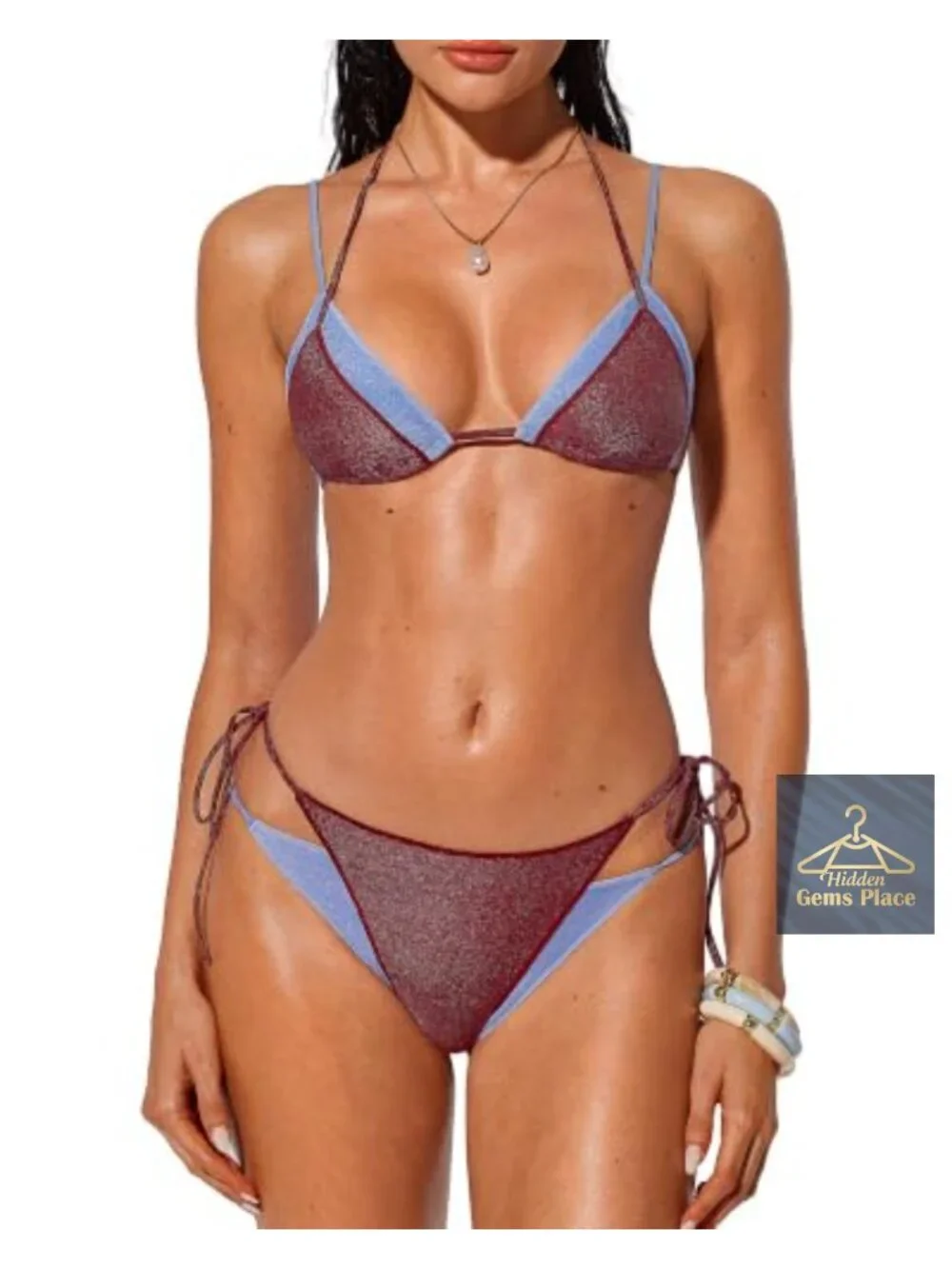 Sexy Halter Triangle Bikini Set String Thong Two Piece Swimwear Metallic